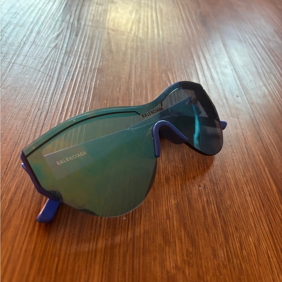 Balenciaga sunglasses, cat eye blue reflective.